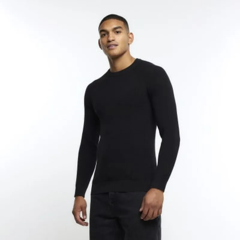 Black muscle fit rib jumper sold by River Island