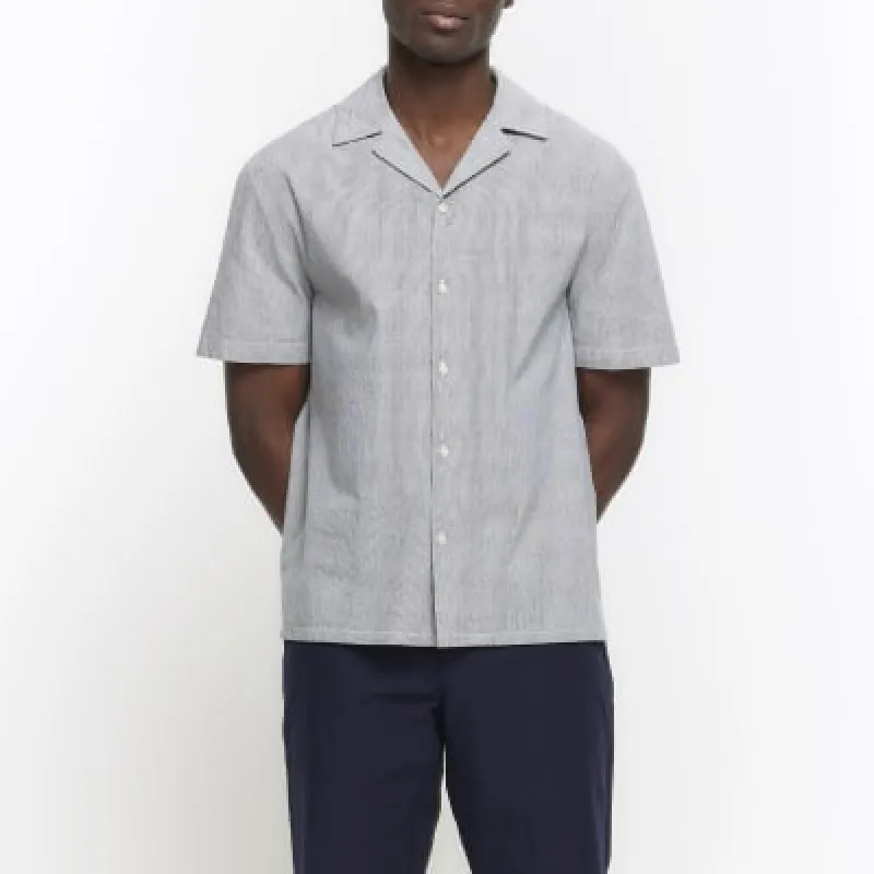 Grey regular fit textured revere shirt sold by River Island
