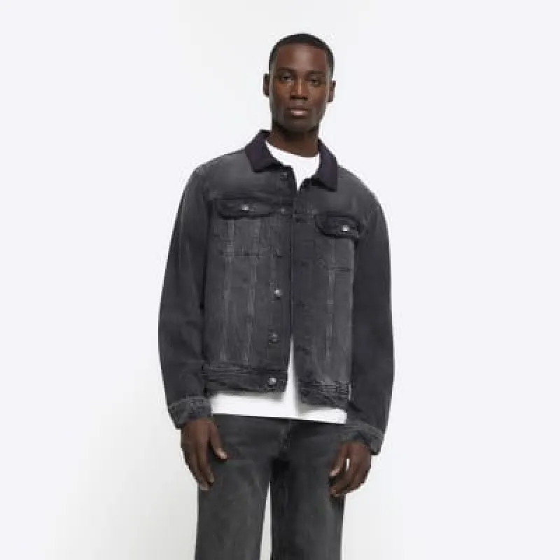 Black regular corduroy collar denim jacket sold by River Island