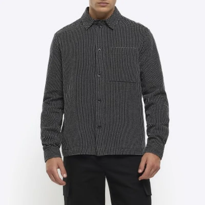 Black regular fit textured long sleeve shirt sold by River Island