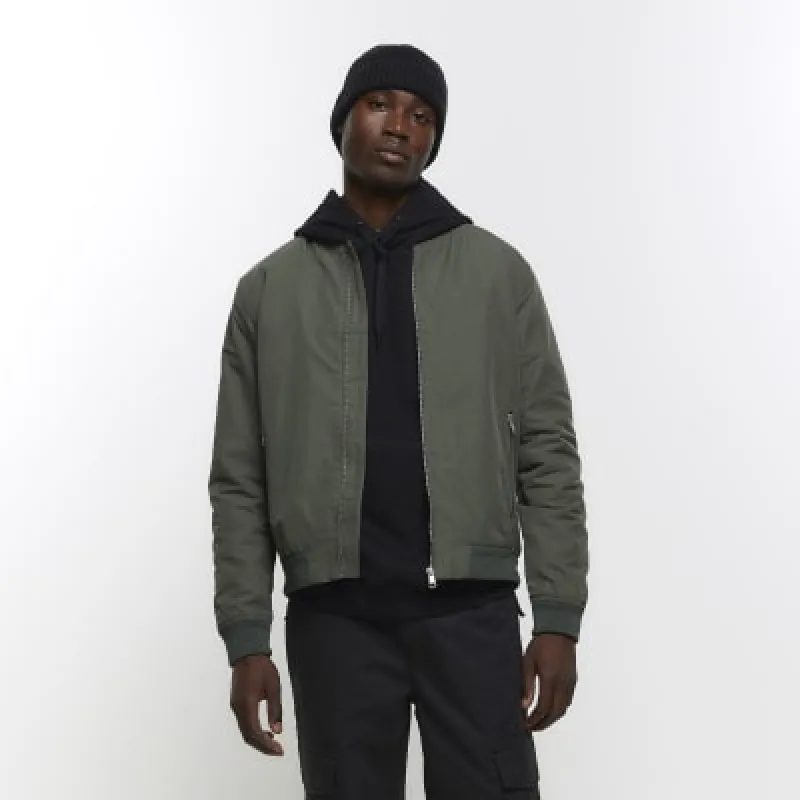 Green regular fit zip up bomber jacket sold by River Island