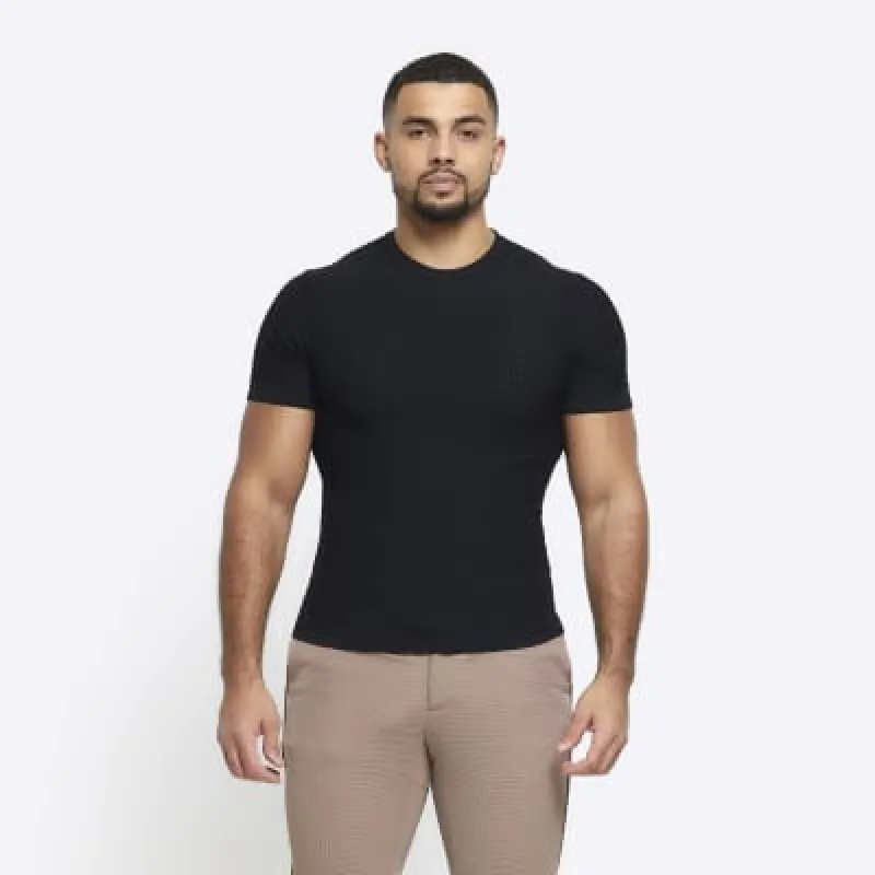Black muscle fit brick knit t-shirt sold by River Island