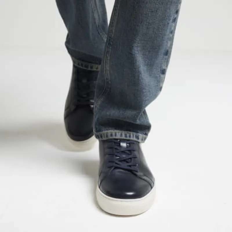 Navy leather lace up trainers sold by River Island