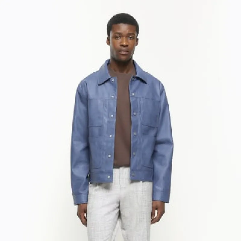 Blue regular fit faux leather western jacket sold by River Island