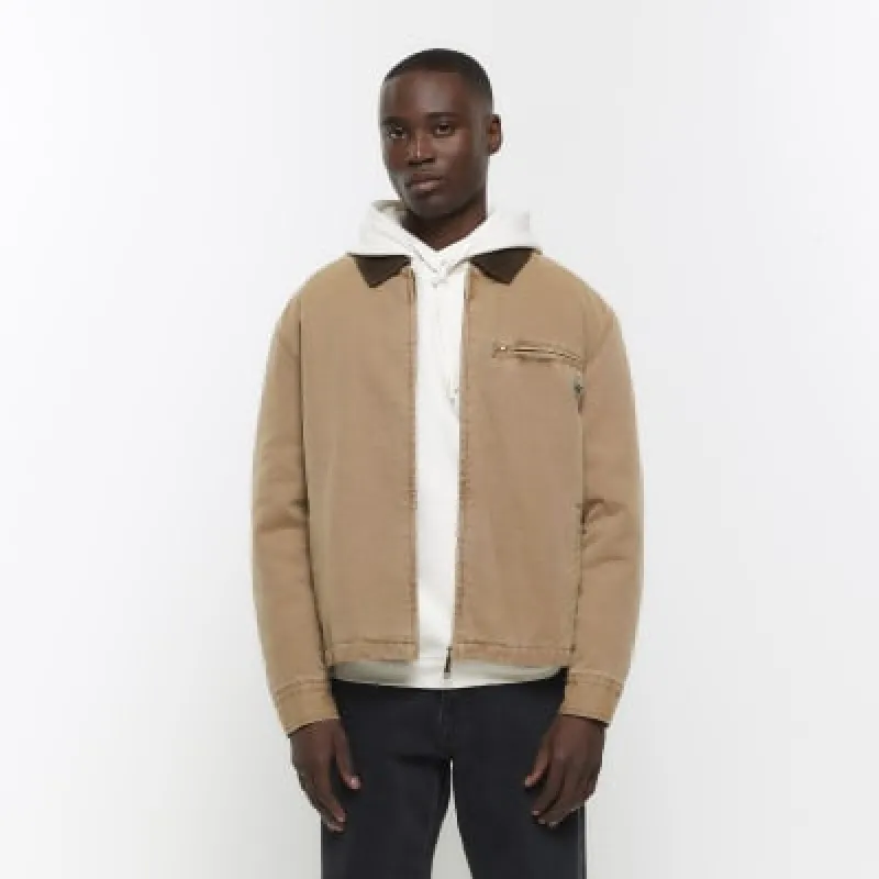 Washed brown regular fit workwear jacket sold by River Island