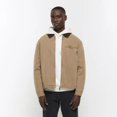 Washed brown regular fit workwear jacket sold by River Island