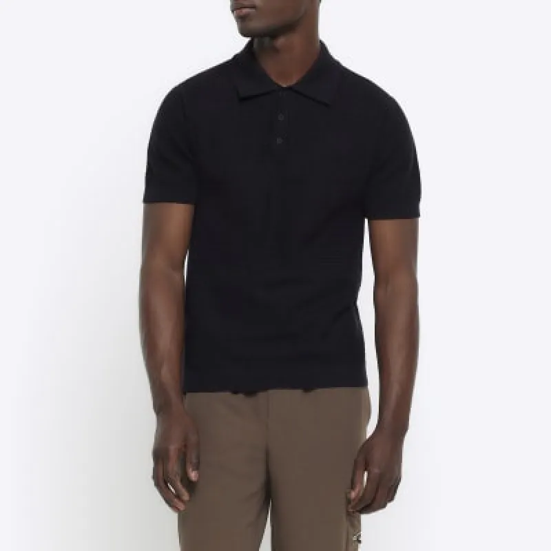 Black slim fit textured knitted polo shirt sold by River Island