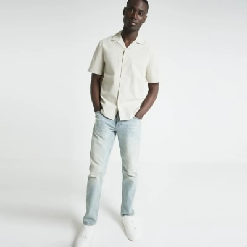 Stone regular fit textured revere shirt sold by River Island