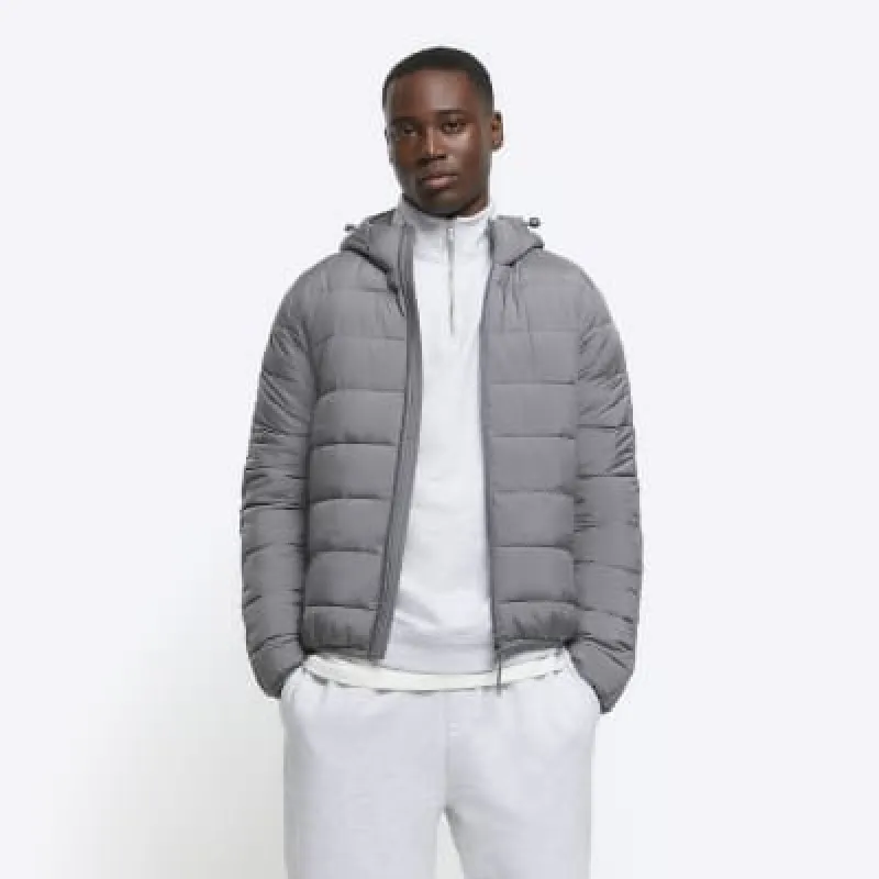 Grey regular fit hooded puffer jacket sold by River Island