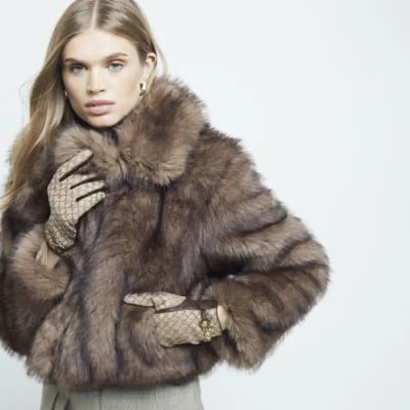 Beige Jacquard Monogram Faux Leather Gloves sold by River Island