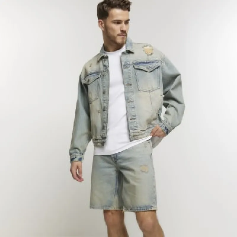 Blue regular fit ripped denim shorts sold by River Island