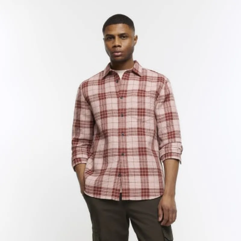 Pink regular fit check long sleeve shirt sold by River Island