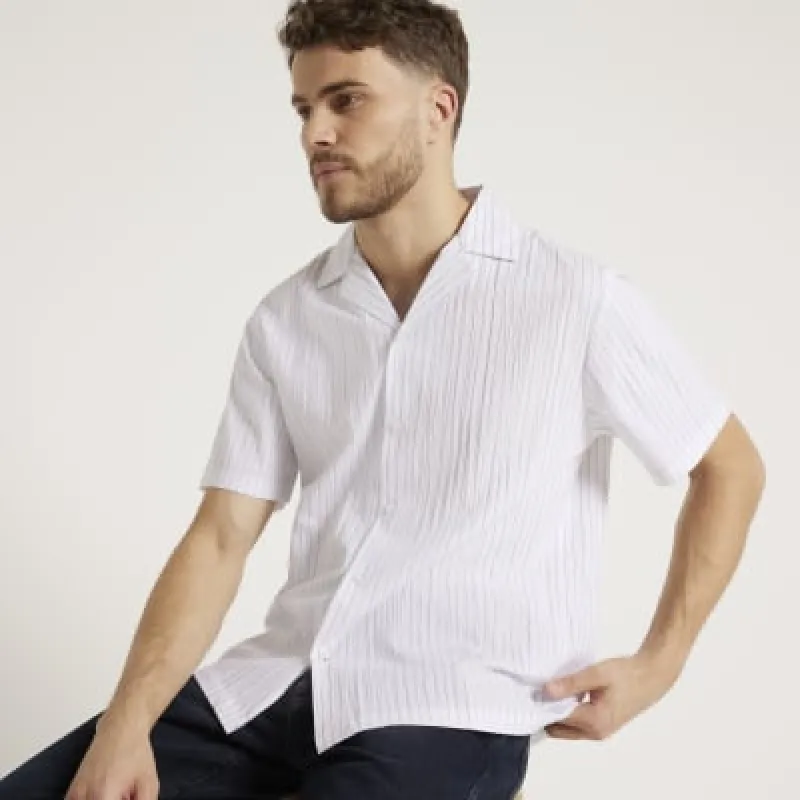 White slim fit seersucker stripe revere shirt sold by River Island