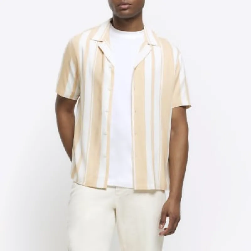 Pink regular fit stripe revere shirt sold by River Island