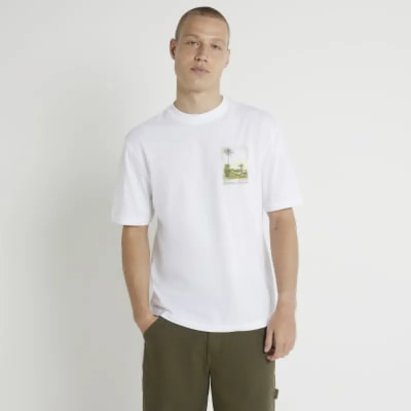 White regular fit palm tree graphic t-shirt sold by River Island