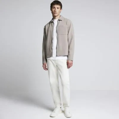 Beige regular fit ribbed zip up shacket sold by River Island