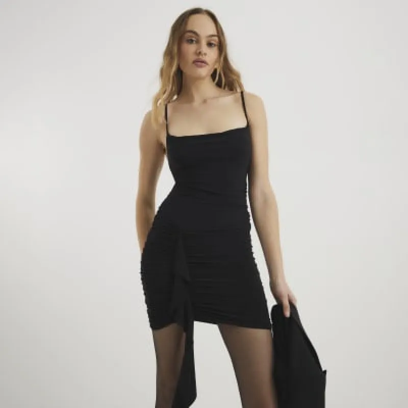 Black Sleeveless Ruched Mini Dress sold by River Island