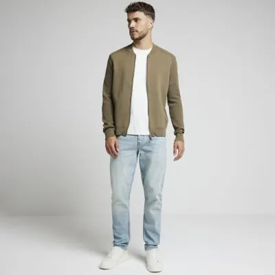 Green slim fit knitted zip up bomber jacket sold by River Island