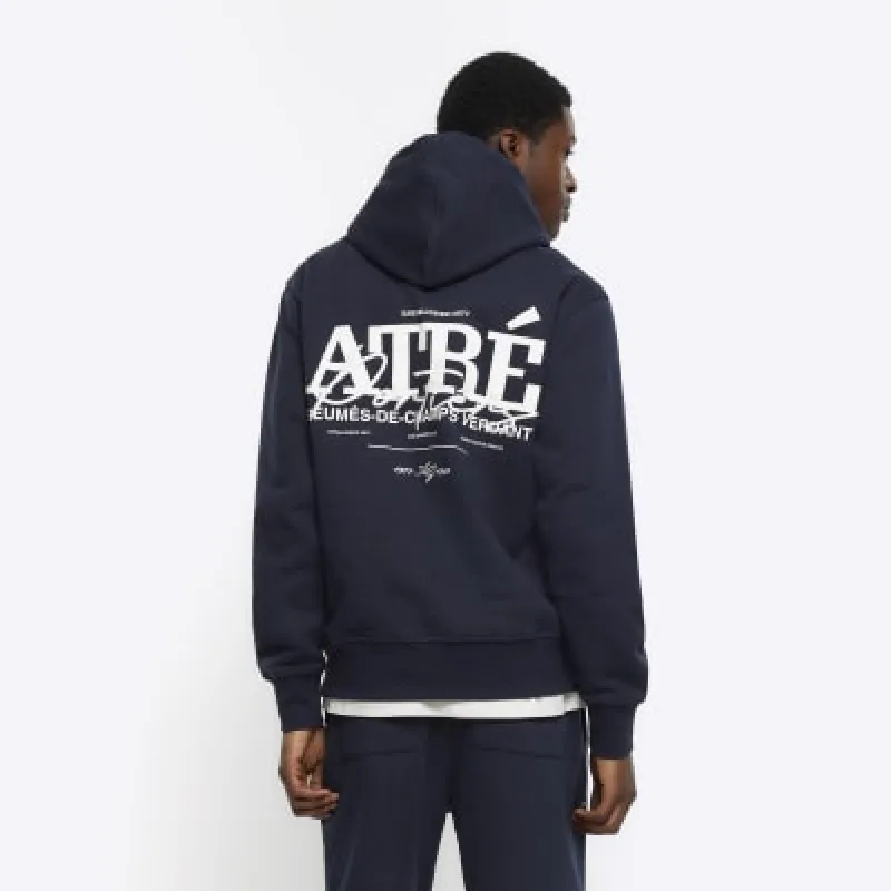 Navy regular fit embossed graphic hoodie sold by River Island