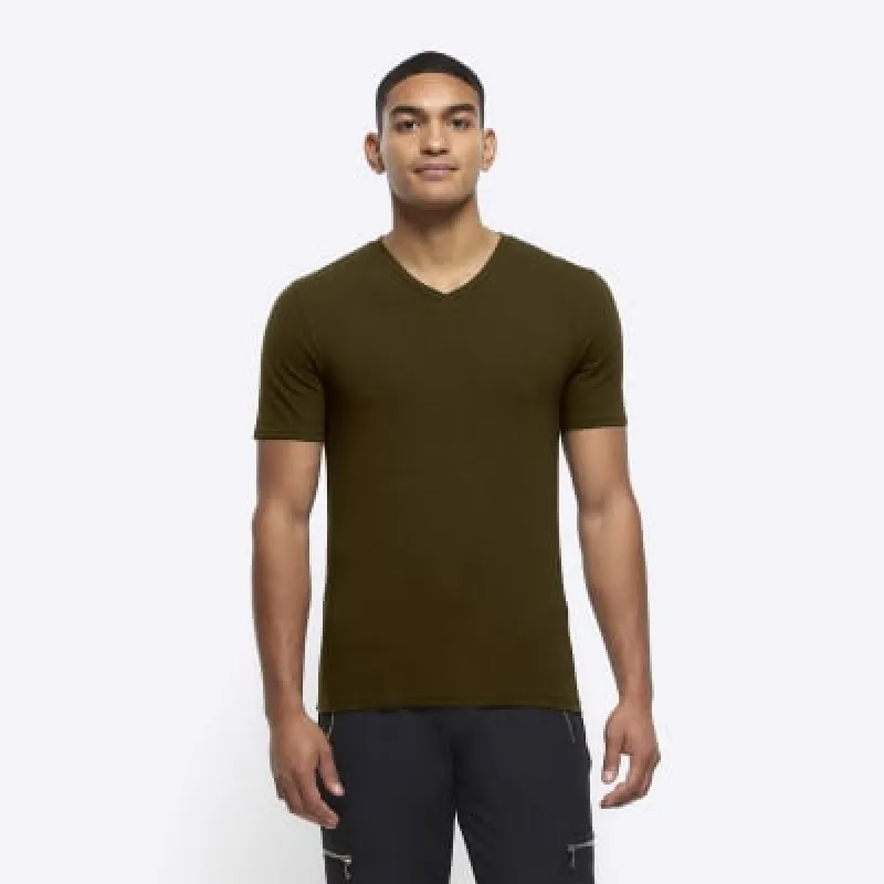 Khaki muscle fit V neck t-shirt sold by River Island