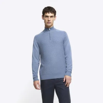 Blue slim fit diagonal stitch half zip jumper sold by River Island