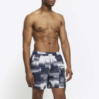 Black regular fit abstract cargo swim shorts sold by River Island