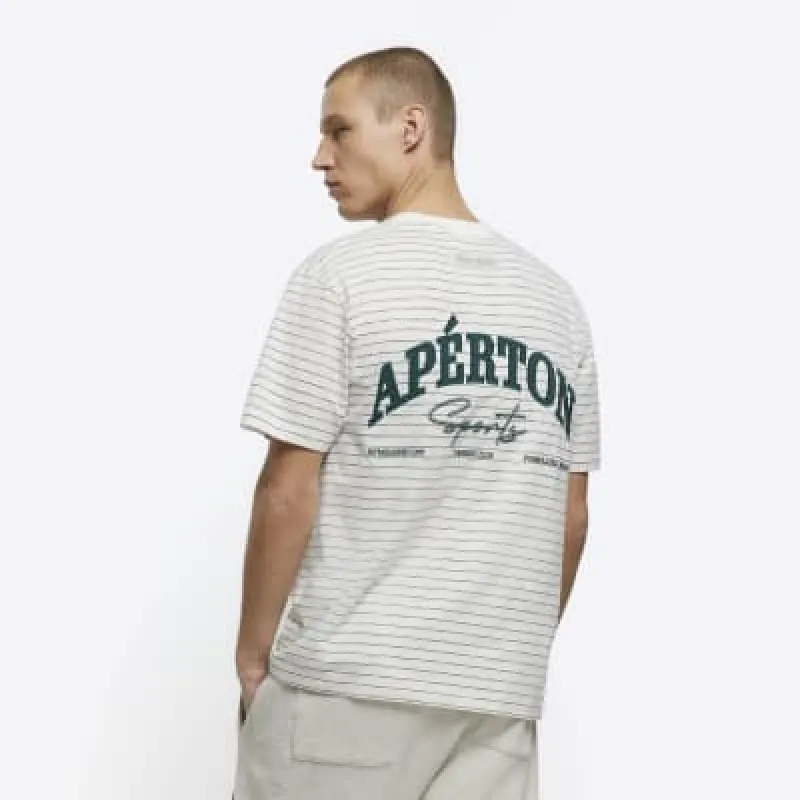 Beige regular fit stripe graphic t-shirt sold by River Island
