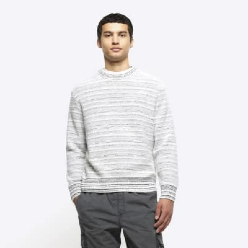 Grey slim fit striped crew jumper sold by River Island