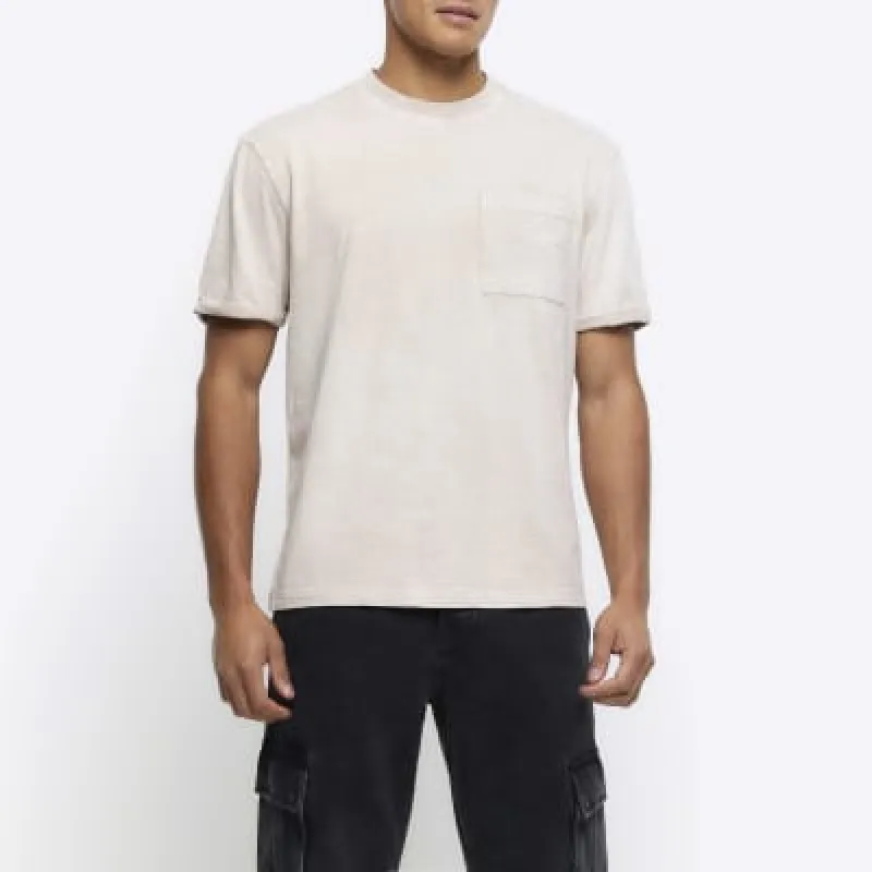 Washed stone regular rolled sleeve t-shirt sold by River Island