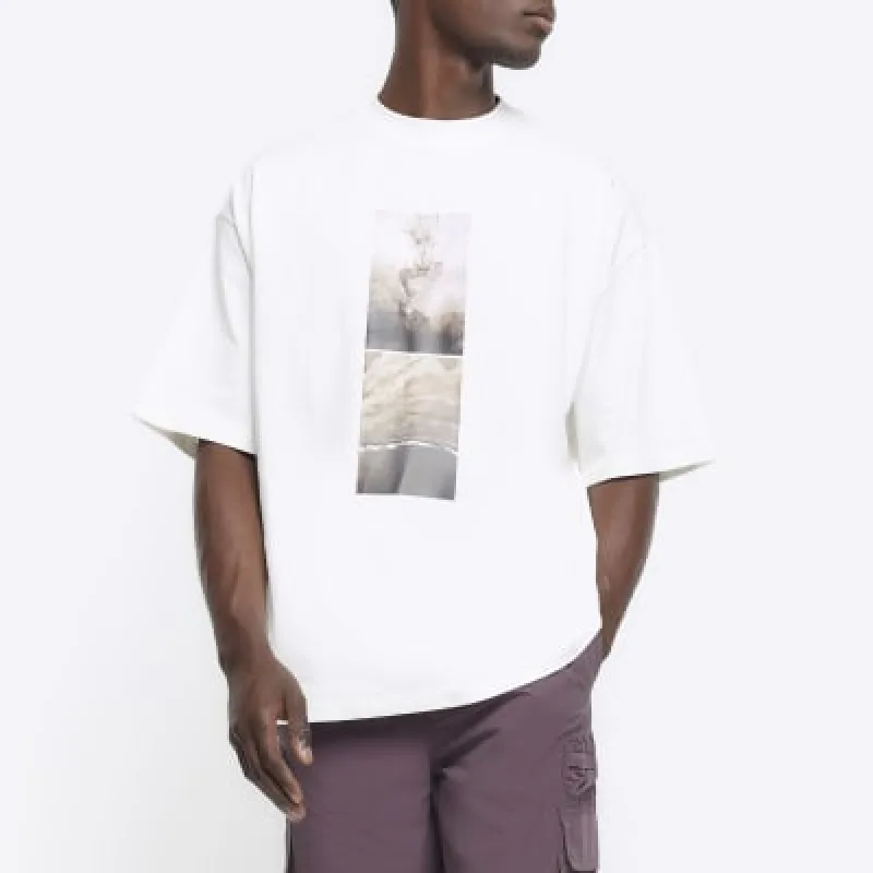 Beige oversized fit graphic patch t-shirt sold by River Island