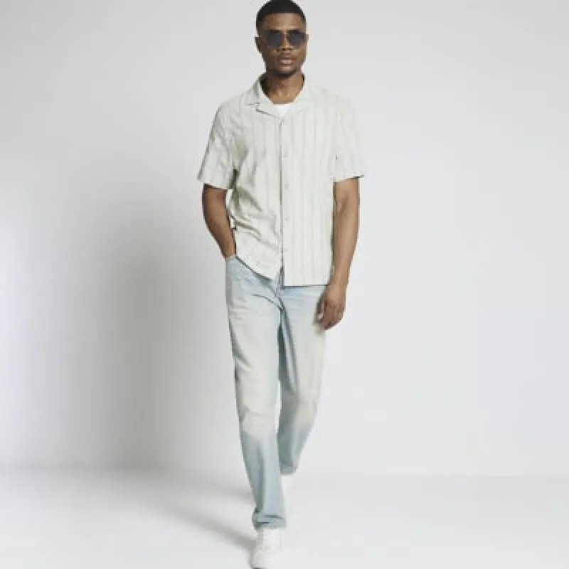 Green regular seersucker stripe revere shirt sold by River Island