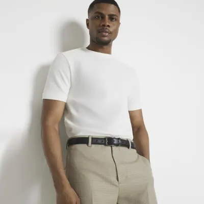 Beige slim fit textured smart t-shirt sold by River Island