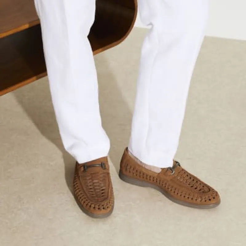 Brown suede woven chain loafers sold by River Island