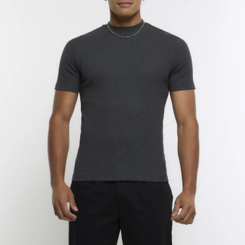 Dark grey muscle fit rib t-shirt sold by River Island