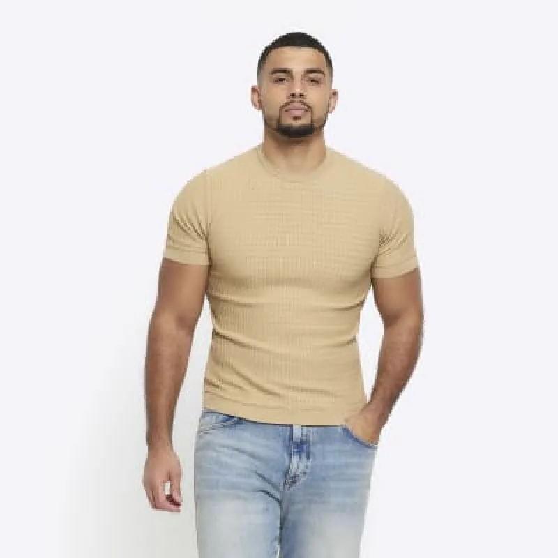 Stone muscle fit brick knit t-shirt sold by River Island