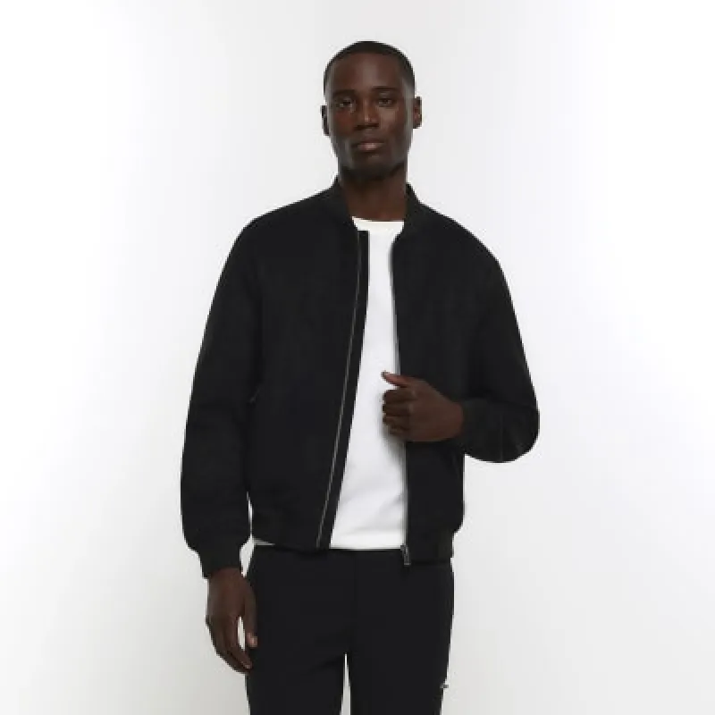 Black regular fit suedette bomber jacket sold by River Island