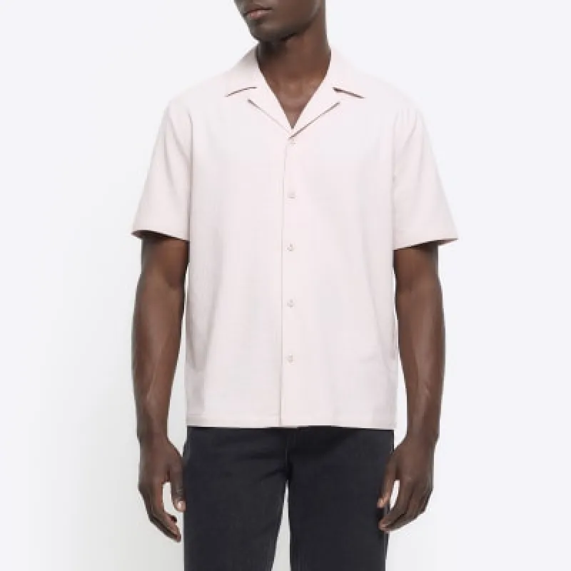 Pink regular fit seersucker revere shirt sold by River Island