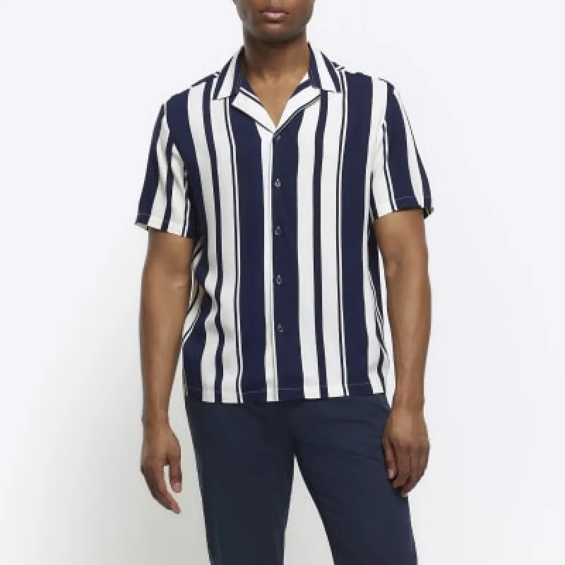 Navy regular fit stripe revere shirt sold by River Island