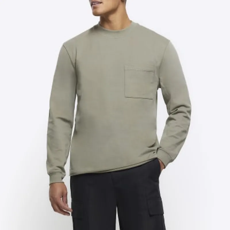 Khaki regular fit pocket long sleeve t-shirt sold by River Island