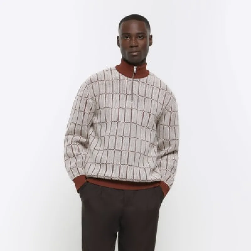 Rust slim fit check half zip jumper sold by River Island