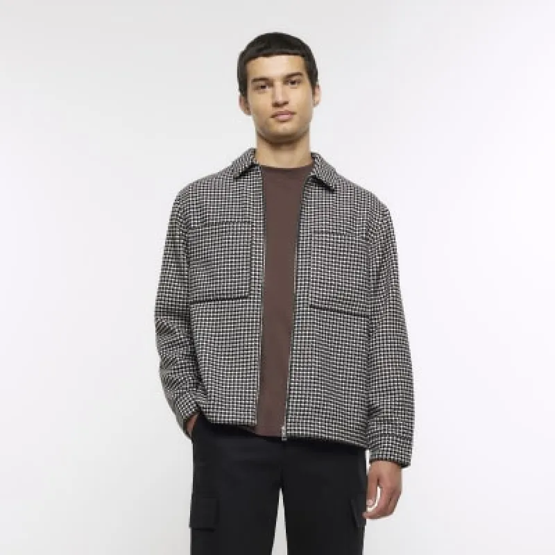 Black regular fit dogtooth smart overshirt sold by River Island
