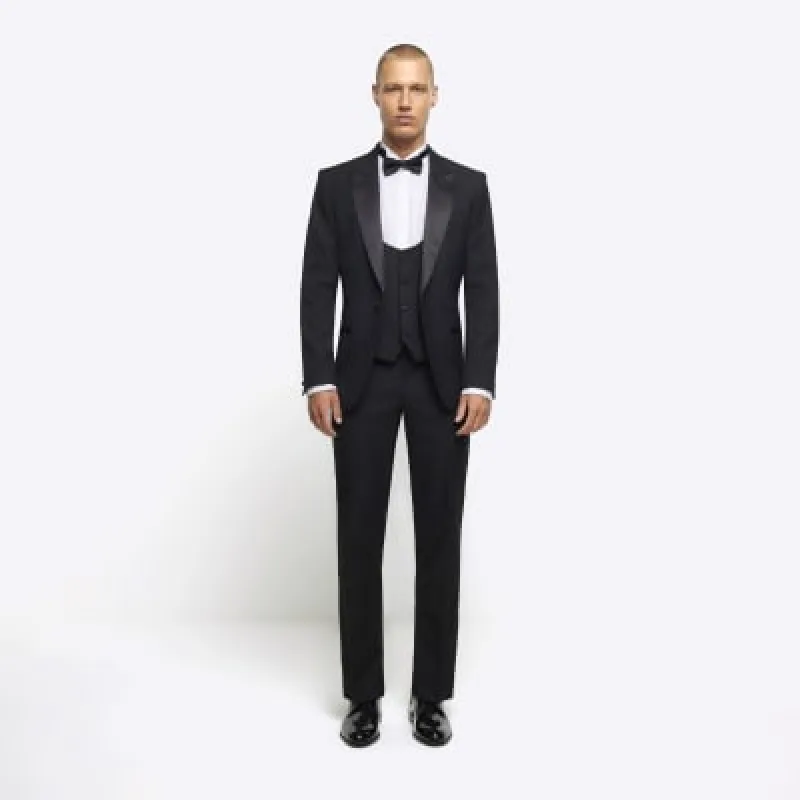 Black slim fit tuxedo suit trousers sold by River Island
