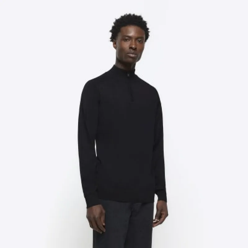 Black slim fit knitted half zip jumper made by River Island
