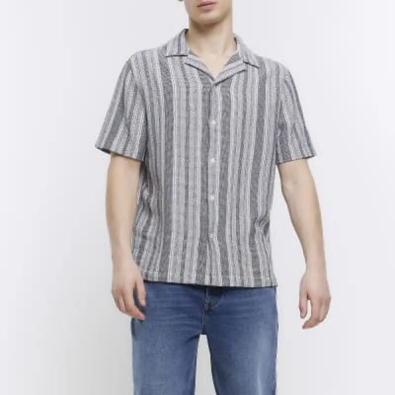Navy regular fit striped revere shirt sold by River Island