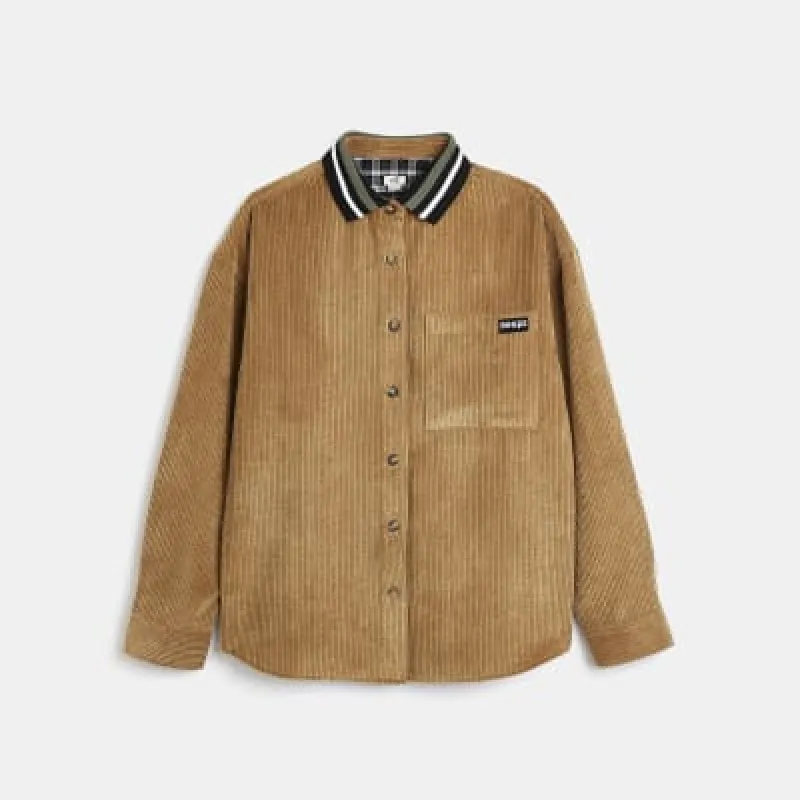 Boys beige cord long sleeve shirt sold by River Island