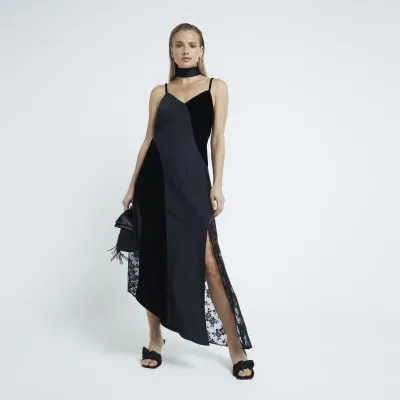 Black Satin Velvet And Lace Slip Dress sold by River Island