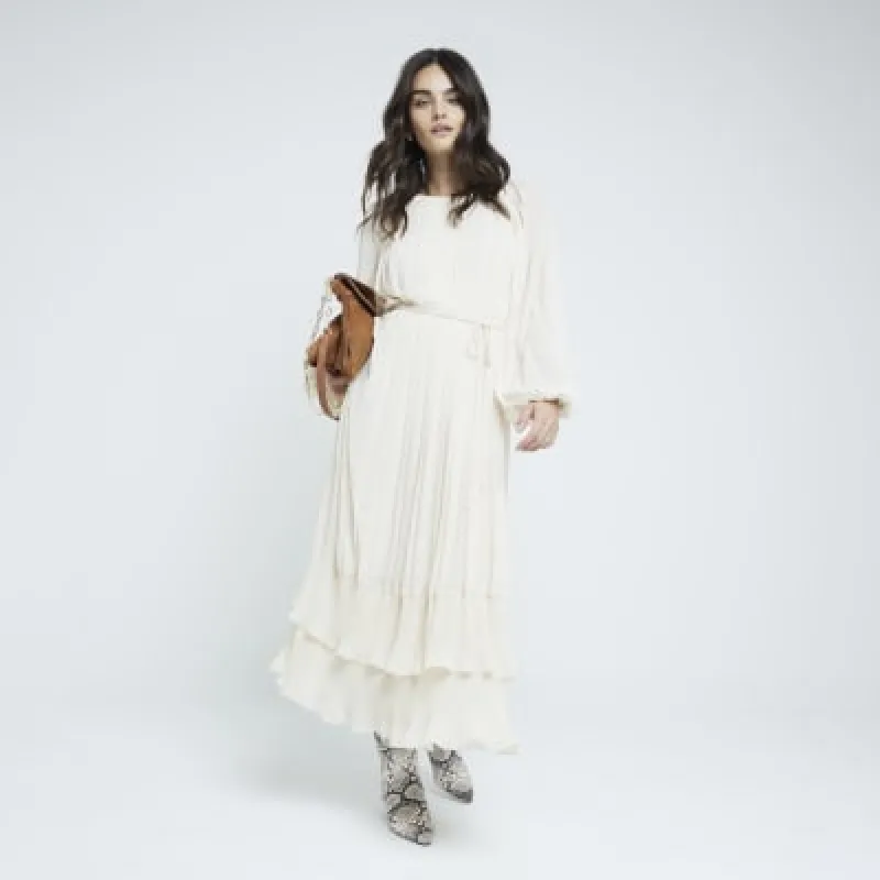 Cream Long Sleeved Pleated Midi Dress sold by River Island