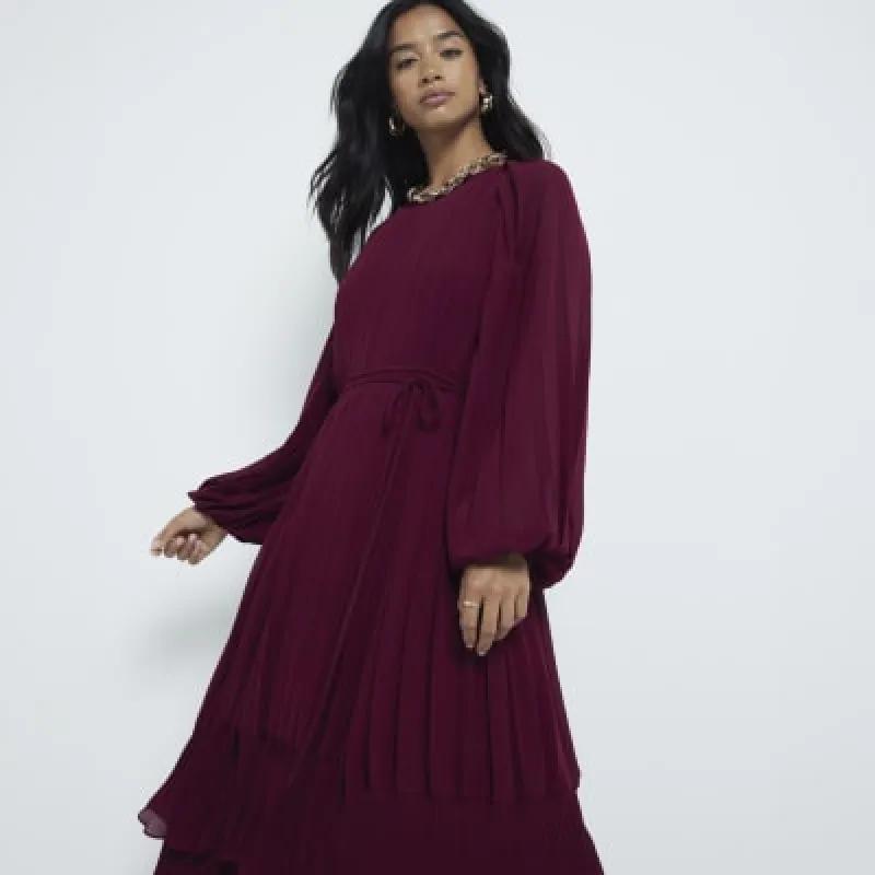 Petite burgundy pleated swing midi dress sold by River Island