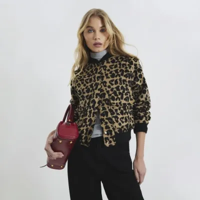 Brown Leopard Print Bomber Jacket sold by River Island