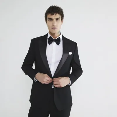 Black Stretch Slim Fit Tuxedo Jacket sold by River Island